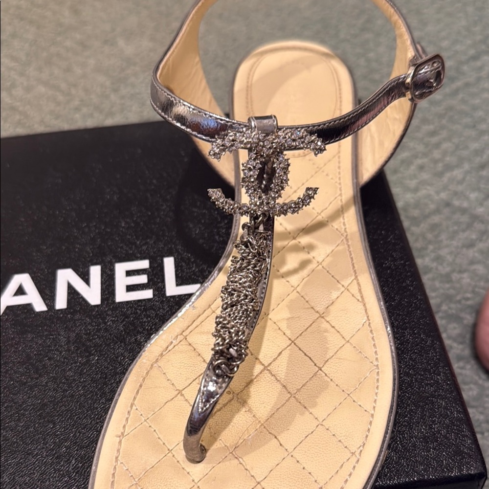Chanel Silver Chain T-Strap Sandals - Picture 3 of 9